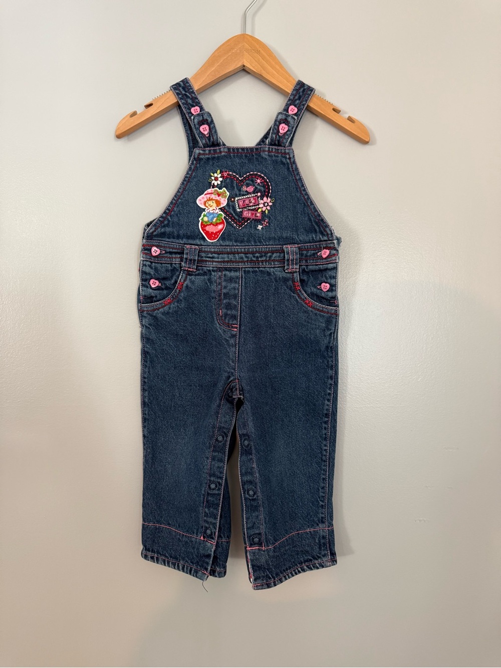 Blue Denim Overalls Pretty Girl with Strawberry Shortcake Emrboidered Patch
